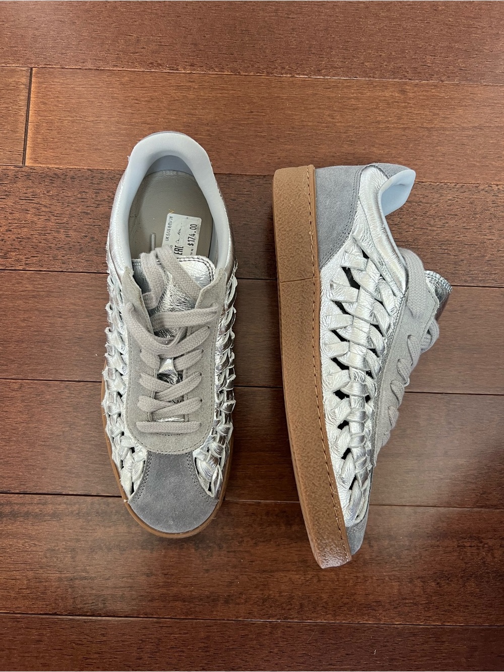 AllSaints Gray Suede & Woven Silver Accent Sneakers with Gum Sole